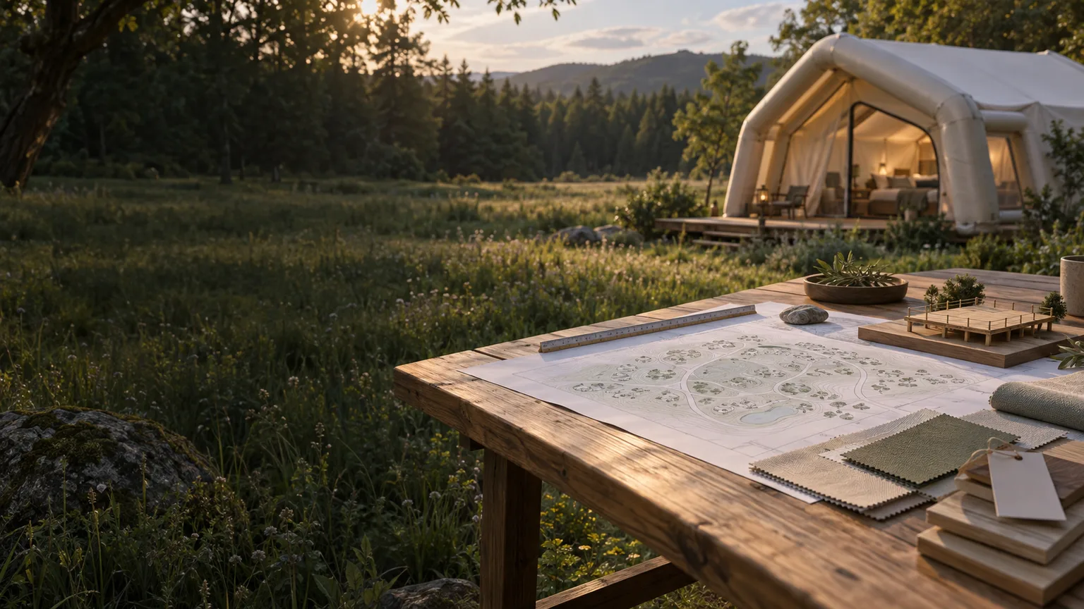 Illustrative glamping site planning table with a platform model and an inflatable lodge in a forest meadow