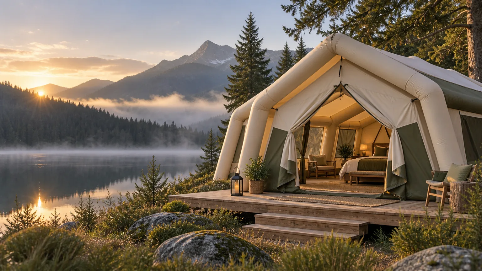Illustrative inflatable glamping lodge on a natural lakeside platform at sunrise