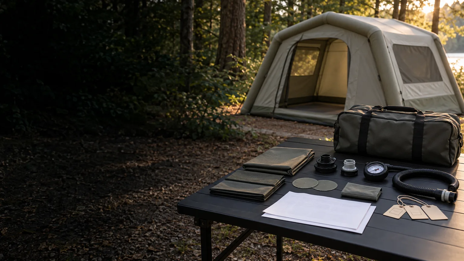 Illustrative rental return inspection kit with valves, patches, gauge and an inflatable tent at a forest campsite