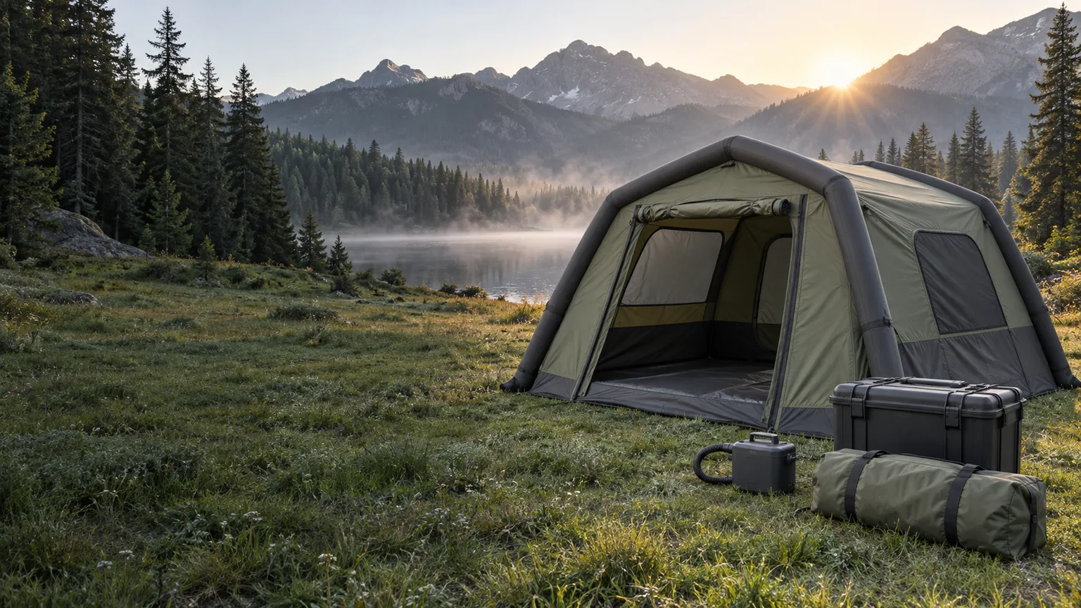Illustrative unbranded inflatable rental tent with transport case, pump and carry bag at a mountain campsite