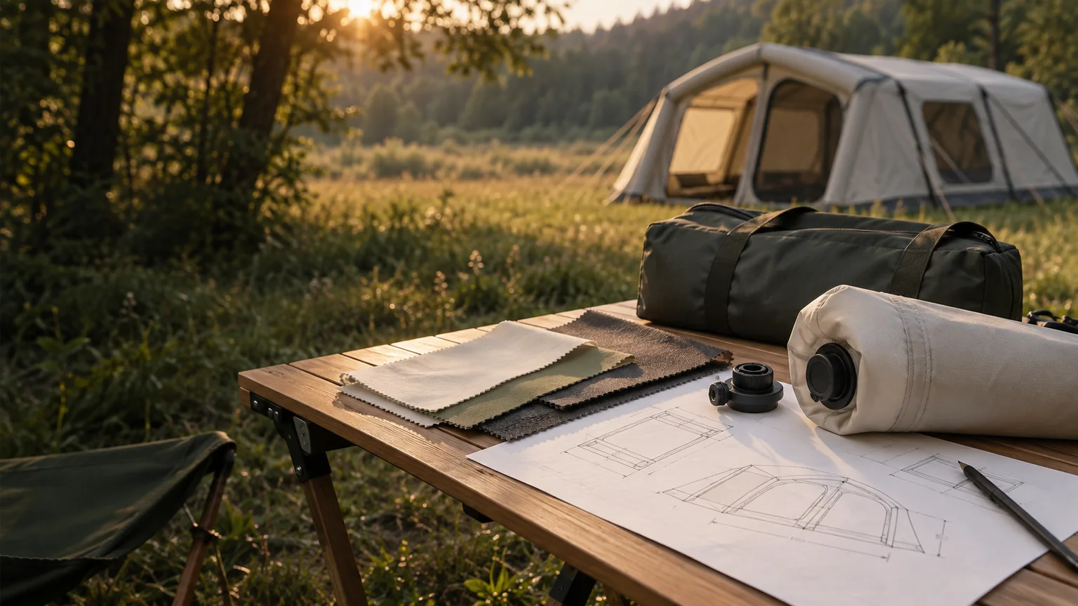 Illustrative outdoor project table with tent drawings, fabric swatches, valve and flexible air-beam sample