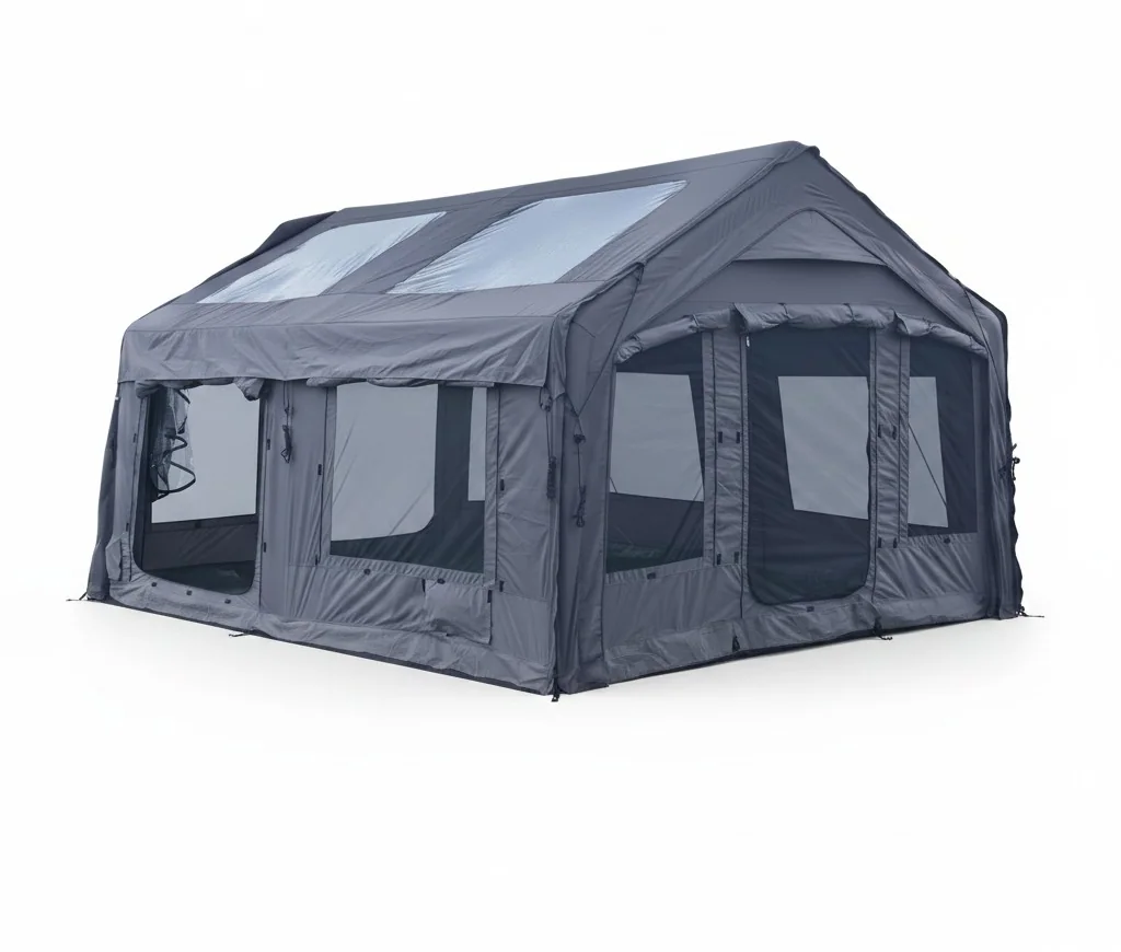Grey twelve point eight square metre inflatable family tent on a clean background