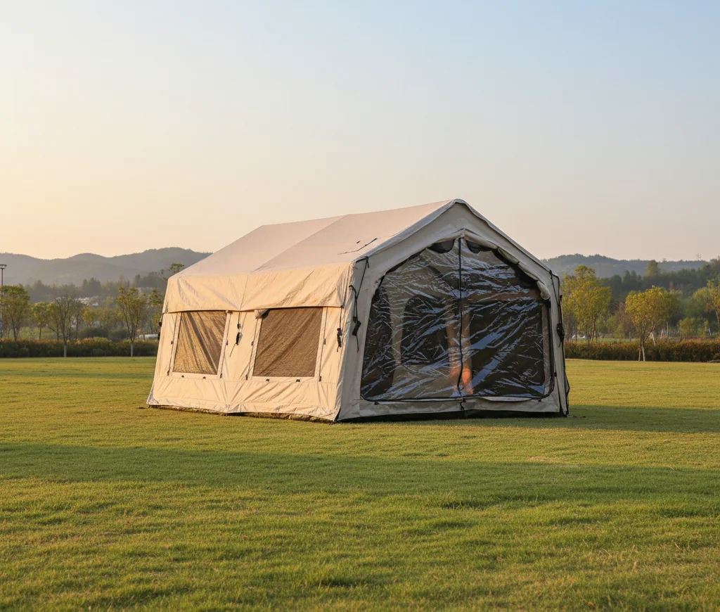 Light-colour inflatable family tent viewed from the front corner outdoors