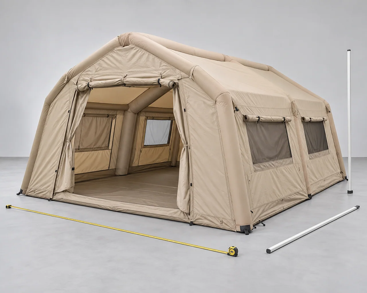 Illustrative inflatable camping tent setup for reviewing overall dimensions