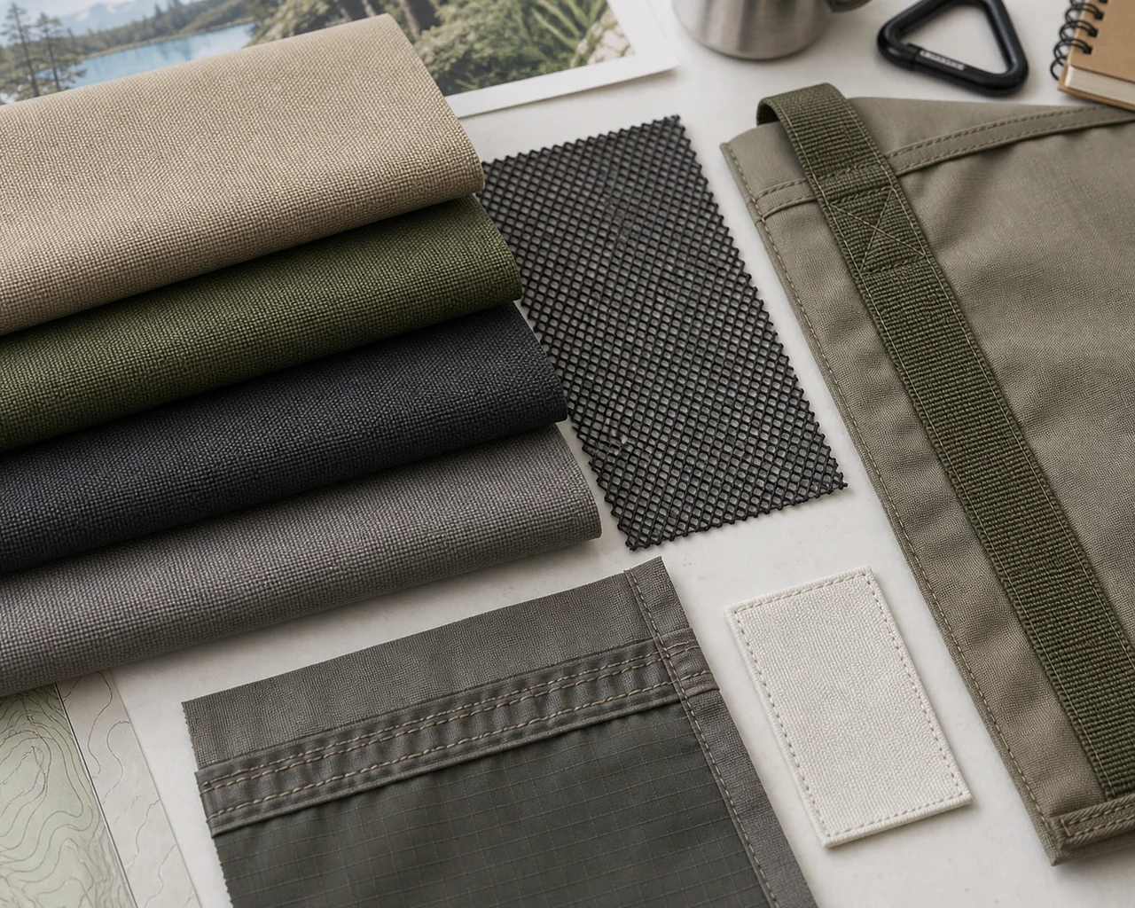 Illustrative tent fabric, mesh, seam and blank label options on a worktable