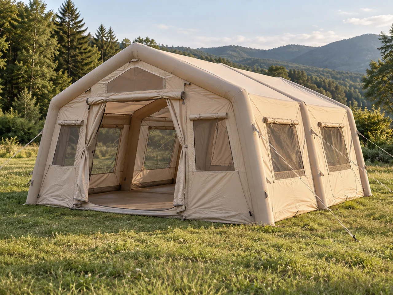 Illustrative large beige inflatable camping tent in a mountain meadow