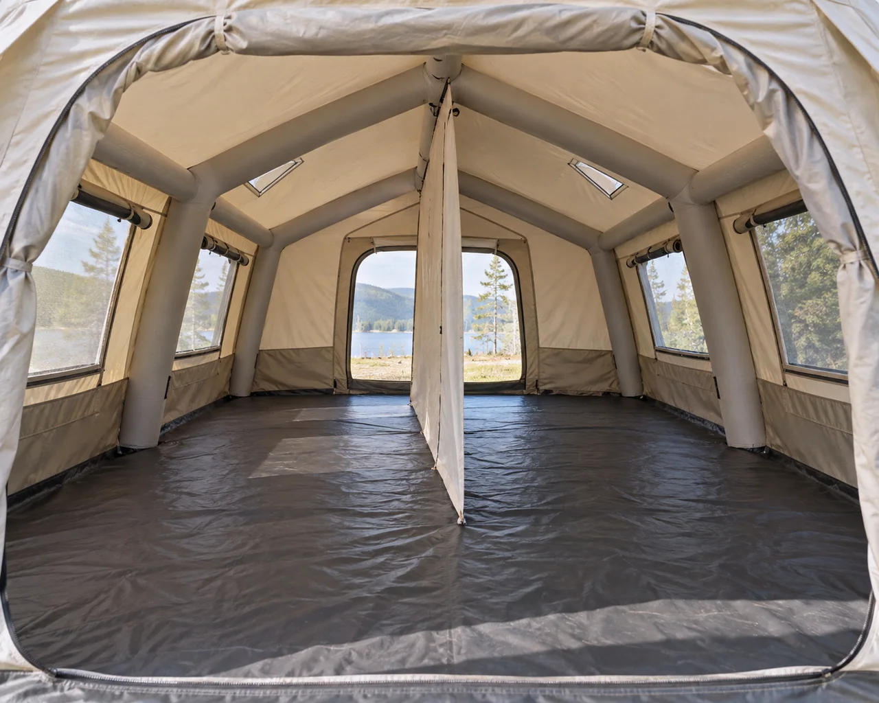 Illustrative inflatable tent interior with two flexible zones and visible air beams